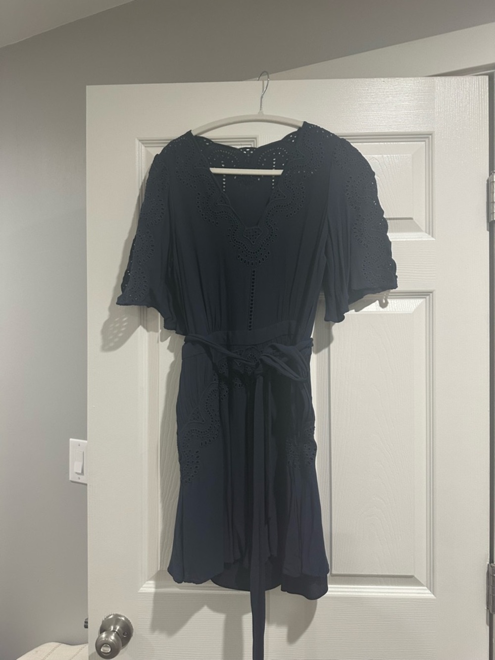 Reiss Navy Eyelet Tie-Waist Mini Dress